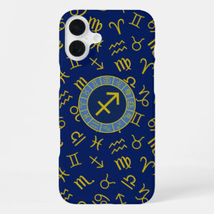 Coque iPhone 16 Plus Sagittaire Zodiac+Astrologie Symboles Ptn Gld+Blue