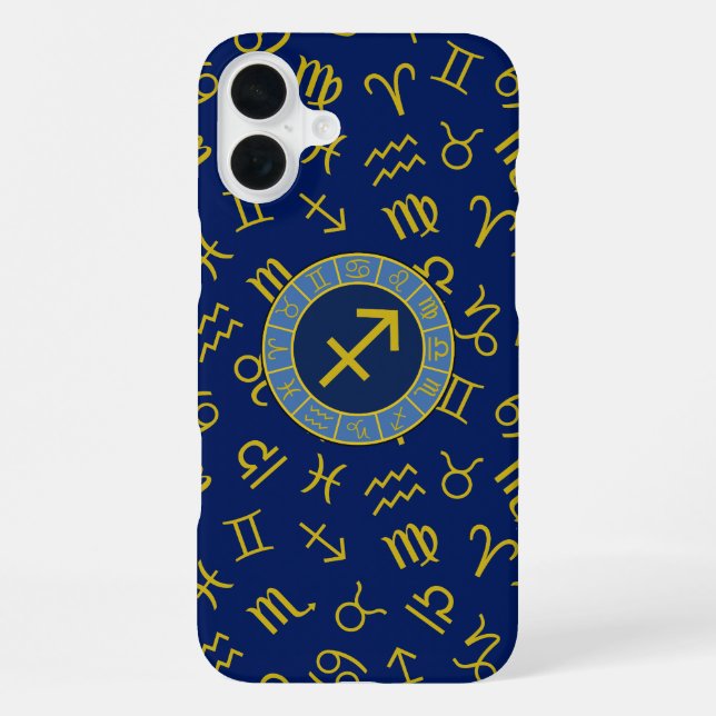 Coque iPhone Sagittaire Zodiac+Astrologie Symboles Ptn Gld+Blue (Verso)