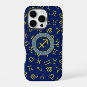 Coque iPhone 16 Pro Sagittaire Zodiac+Astrologie Symboles Ptn Gld+Blue