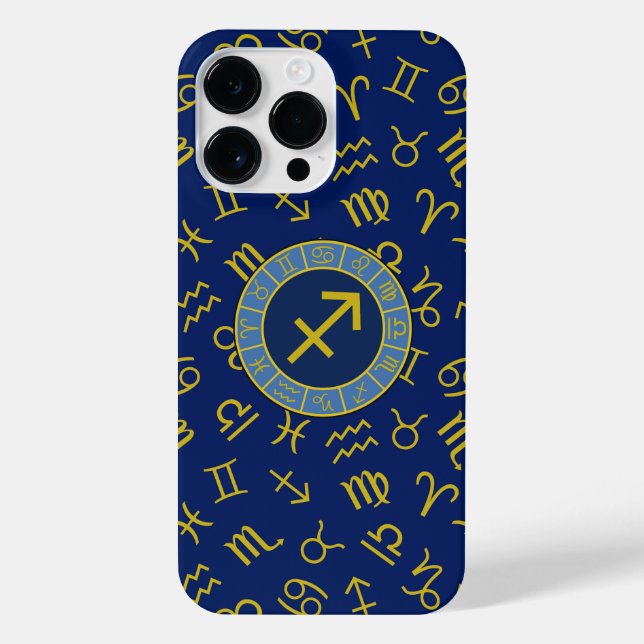 Coque iPhone Sagittaire Zodiac+Astrologie Symboles Ptn Gld+Blue (Verso)