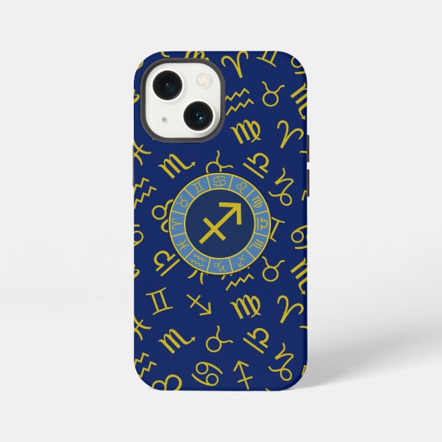 Coque iPhone Sagittaire Zodiac+Astrologie Symboles Ptn Gld+Blue (Verso)