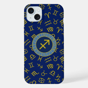 Coque iPhone 15 Plus Sagittaire Zodiaque+Symboles d'Astrologie Ptn Gld+