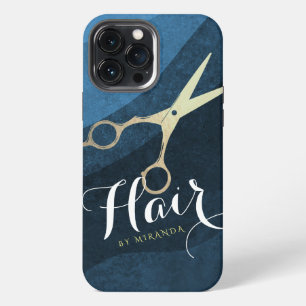 Etui iPhone 13 Pro Max Salon de coiffure Coiffeur Moderne Ciseaux Bleu Or