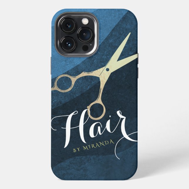 Coque iPhone Salon de coiffure Coiffeur Moderne Ciseaux Bleu Or (Verso)