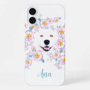 Coque iPhone 16 Plus Samoyède chien et fleurs roses, nom personnalisé