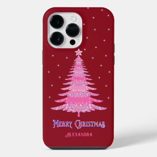 Coque Pour Pour iPhone 14 Pro Max Sapin de Noël Rose Nom Personnalisé Rouge
