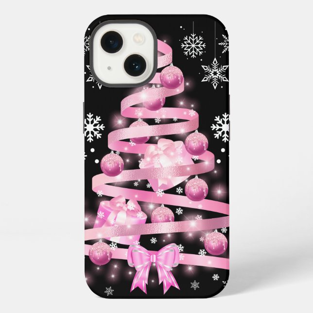 Coque iPhone Sapin de Noël Ruban Rose Clair Flocon de Neige Bla (Verso)