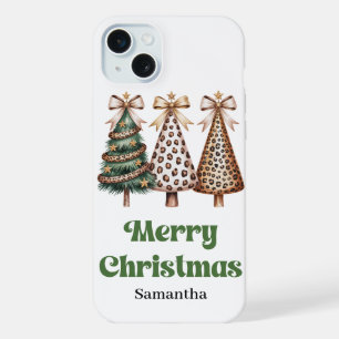 Coque iPhone 15 Plus Sapins de Noël minimalistes chic verts léopard dor