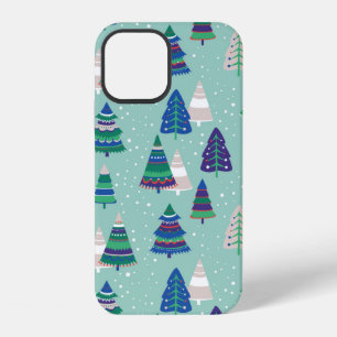 Coque iPhone 12 Sapins de Noël sur un fond bleu