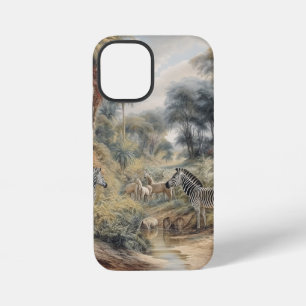 Coque iPhone 12 Mini Scène botanique de zèbres et de lions dans une oas