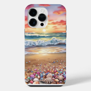 COQUE POUR POUR iPhone 14 PRO MAX SCÈNE DE PLAGE AU COUCHER DE SOLEIL AVEC COQUILLAG