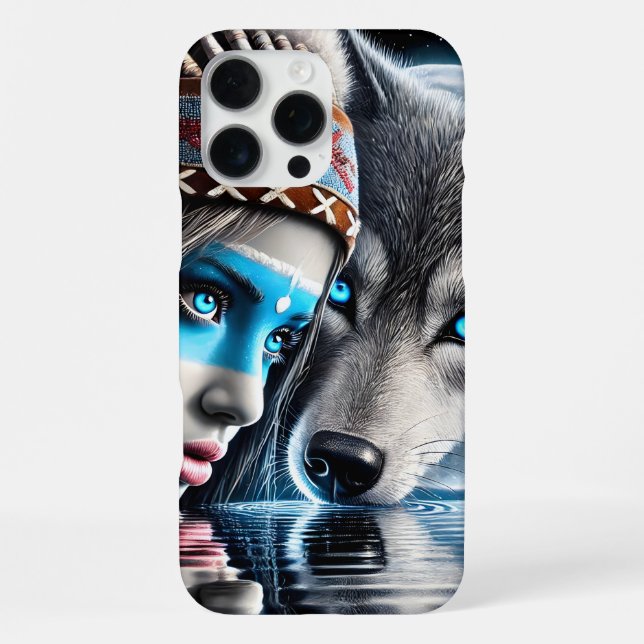 Coque iPhone Scène de réflexion d'Indien natif et de loup (Verso)
