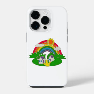 Coque Pour iPhone 14 Plus Scène rurale de dessin animé avec arc-en-ciel et m
