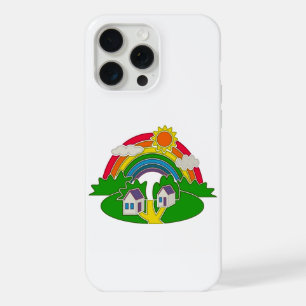 Coque iPhone 15 Pro Max Scène rurale de dessin animé avec arc-en-ciel et m