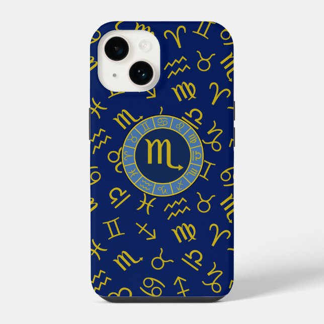 Coque iPhone Scorpio Zodiac+Astrologie Symboles Motif Gld+Blues (Verso)