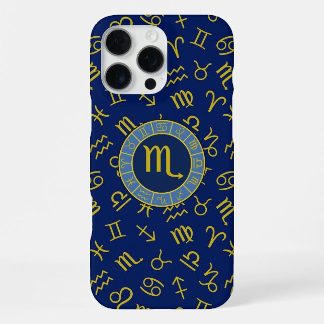 Coque iPhone Scorpio Zodiac+Astrologie Symboles Motif Gld+Blues (Verso)