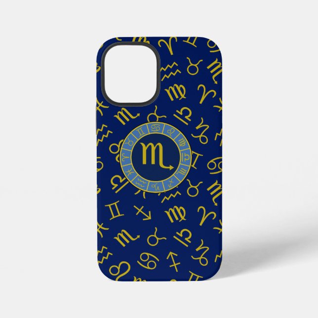 Coque iPhone Scorpio Zodiac+Astrologie Symboles Motif Gld+Blues (Verso)