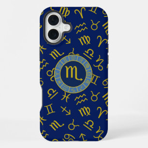 Coque iPhone 16 Plus Scorpio Zodiac+Astrologie Symboles Motif Gld+Blues