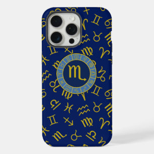 Coque iPhone 15 Pro Max Scorpio Zodiac+Astrologie Symboles Motif Gld+Blues