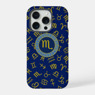Coque iPhone 15 Pro Scorpion Zodiaque+Symboles d'Astrologie Motif Or+B