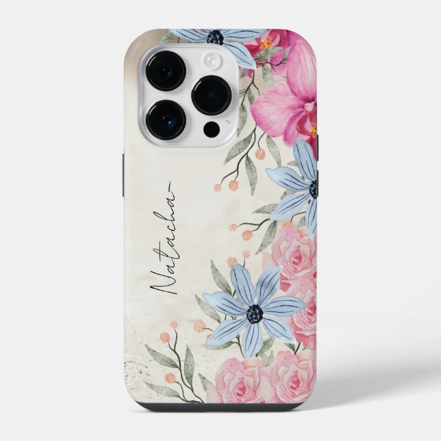 Coque iPhone Script botanique d'aquarelle douce personnalisé (Verso)