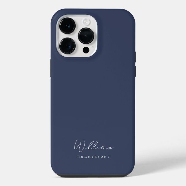 Coque iPhone Script de nom de monogramme bleu marine moderne (Verso)