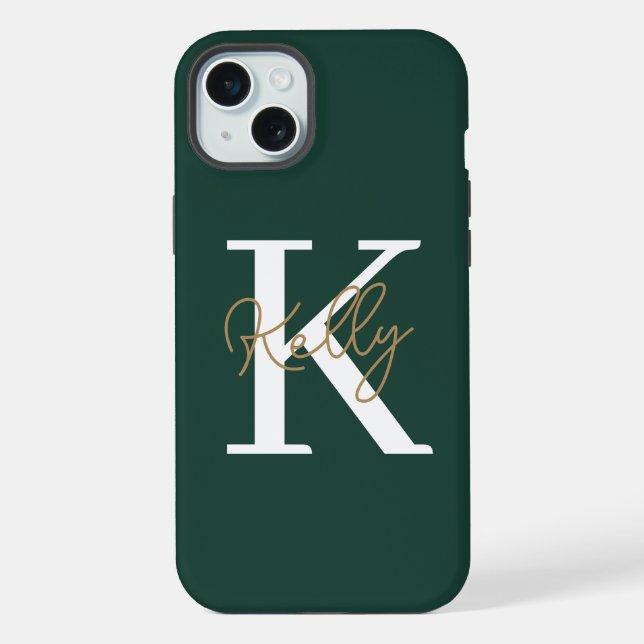Coque iPhone Script moderne Emerald Green Monogram (Verso)