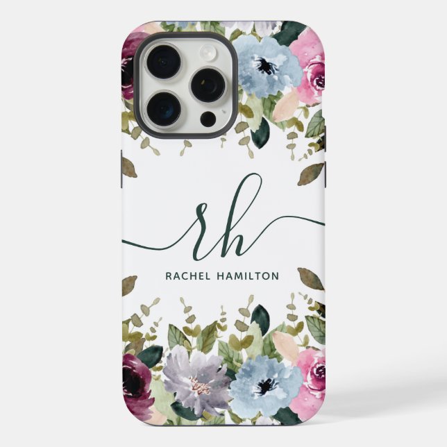Coque iPhone Script moderne Floral Blush fantaisie Initiales et (Verso)