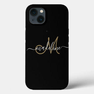 Etui iPhone 13 Script moderne Monogramme Or noir