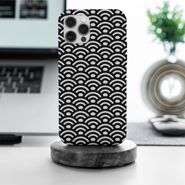 Coque iPhone Seigaiha, Vagues, Japonais, Noir et Blanc (Créateur téléchargé)