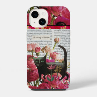 Coque Pour iPhone 14 S'endormir pour rêver Chat noir Fleurs rose chaud