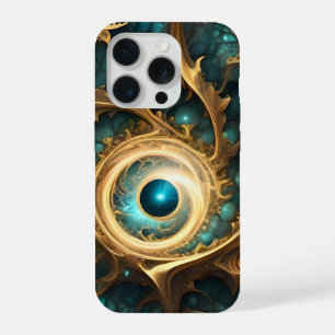 Coque iPhone 15 Pro Sens De La Vue Teal Et Or Fractale Art Abstrait,