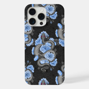 Coque iPhone 15 Pro Max Serpents et roses bleues