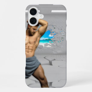 Coque iPhone 16 Plus Serviette d'homme de SlipperyJoe mur de briques bl