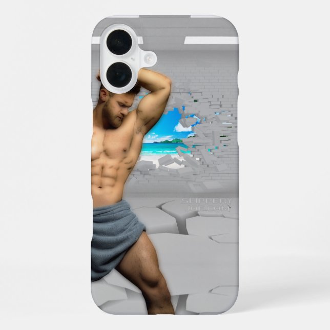 Coque iPhone Serviette d'homme de SlipperyJoe mur de briques bl (Verso)