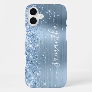 Coque iPhone 16 Plus Signature Féminin Pailleté Bleu Clair Glamour