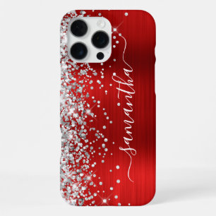 Coque iPhone 16 Pro Max Signature Féminine Rouge Pailleté Argent