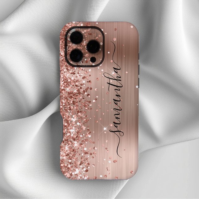 Coque iPhone Signature girly métallisé rose pailleté (Glittery Rose Gold Metallic Girly Signature iPhone Case)