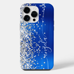 Coque Pour Pour iPhone 14 Pro Max Signature Glamour Bleu Royal et Paillettes Argenté