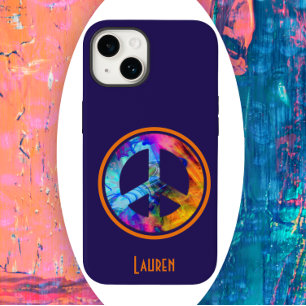 Coque Pour iPhone 14 Signe de paix Color Blast sur fond bleu gras