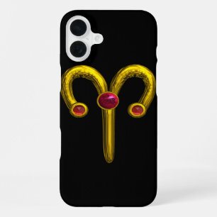 Coque iPhone 16 Plus Signe du zodiaque ARIES en OR, Rubis Rouge Noir