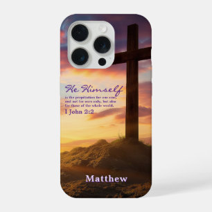 Coque iPhone 15 Pro Silhouette Croix Verset de la Bible Personnalisé