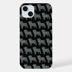 Coque iPhone 15 Plus Silhouette de chien Carlin en grille noir