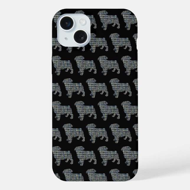 Coque iPhone Silhouette de chien Carlin en grille noir (Verso)