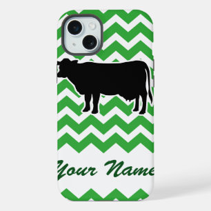 Coque iPhone 15 Plus Silhouette de vache avec Motif Chevron Vert