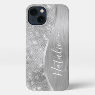 Etui iPhone 13 Silver Glitter Glam Bling Personalized