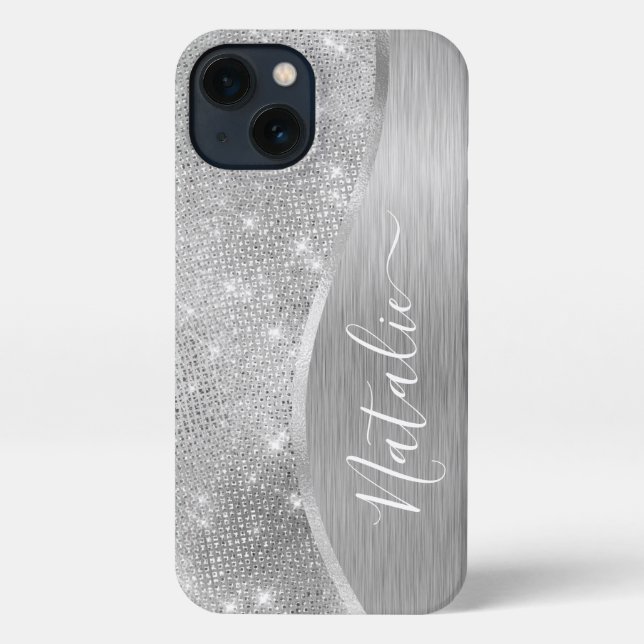 Coque iPhone Silver Glitter Glam Bling Personalized (Verso)