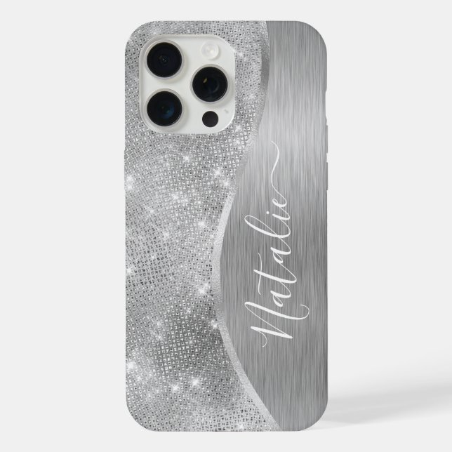 Coque iPhone Silver Glitter Glam Bling Personalized (Verso)