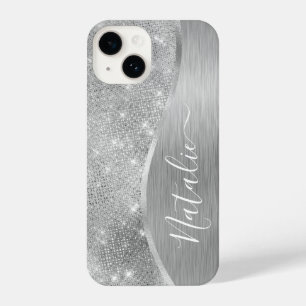 Coque Pour iPhone 14 Silver Glitter Glam Bling Personalized