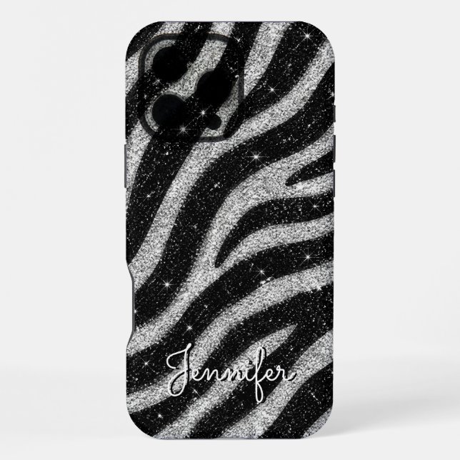 Coque iPhone Silver Glitter Zebra Print Glam Personalized Name (Verso)